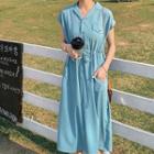 Cap-sleeve Open-collar Drawstring Midi A-line Dress