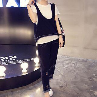 Set: Plain Tank Top + Short-sleeve T-shirt + Distressed Pants