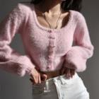 Plain U-neck Long-sleeve Sweater Pink - One Size