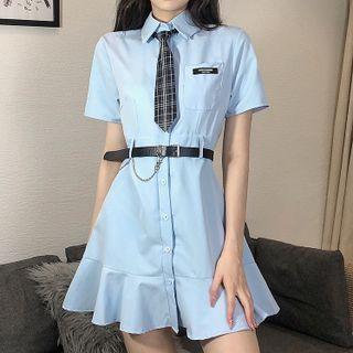 Set: Short-sleeve Mini Mermaid Shirtdress + Plaid Tie + Chained Belt