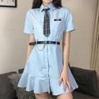 Set: Short-sleeve Mini Mermaid Shirtdress + Plaid Tie + Chained Belt