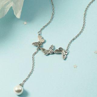 Butterfly Faux Pearl Pendant Alloy Necklace Silver - One Size