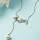Butterfly Faux Pearl Pendant Alloy Necklace Silver - One Size