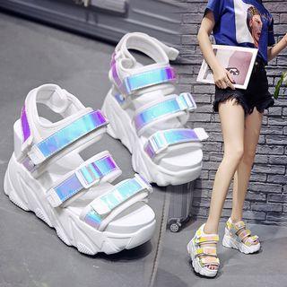 Iridescent Adhesive Strap Platform Wedge Sandals
