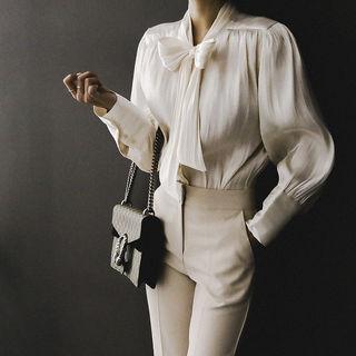 Ribbon-neck Satin Blouse