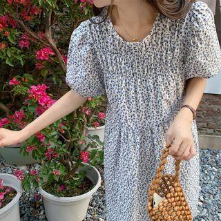 Puff-sleeve Floral Midi Sundress Blue Floral - White - One Size