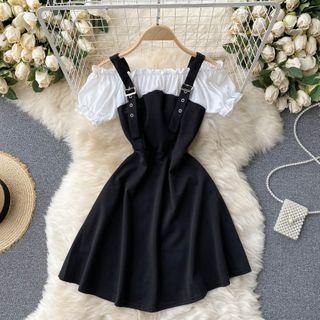 Mock Two-piece Ruffle Trim Cold-shoulder Mini A-line Dress