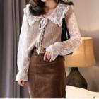 Bell-sleeve Collared Lace Top / Single-breasted Sweater Vest