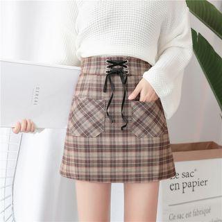 Lace-up Plaid A-line Skirt