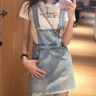 Bow Distressed Denim Overall Dress