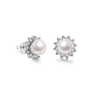 Fashion Pearl Stud Earrings With Austrian Element Crystal Silver - One Size