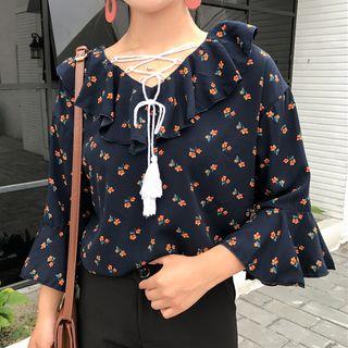 Lace-up Floral Print Bell-sleeve Blouse