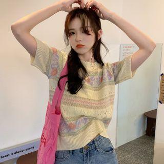 Short-sleeve Flower Print Pointelle Knit Top Flower Print - Almond - One Size