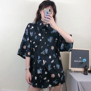 3/4-sleeve Cartoon Dinosaur Print Shirt