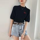 Short-sleeve Cherry Embroidered Knit Top Navy Blue - One Size