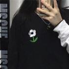 Mock Two-piece Flower Embroidered Long-sleeve T-shirt Black - One Size