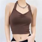Halter-neck V-neck Ruched Crop Tank Top