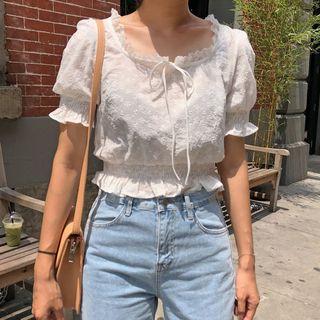 Tie Neck Ruffle Trim Blouse White - One Size