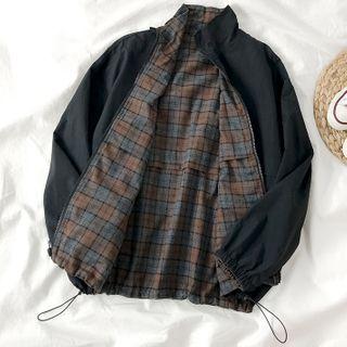 Reversible Plaid Zip Jacket As Shown In Figure - One Size