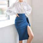 Puff-sleeve Perforated Trim Buttoned Blouse / Asymmetric Slit Fitted Skirt