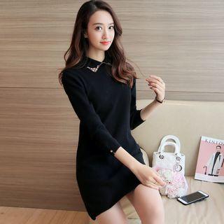 Rhinestone Collared Long Sleeve Knit Dress