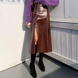 Deep-slit Napped Long Pleather Skirt
