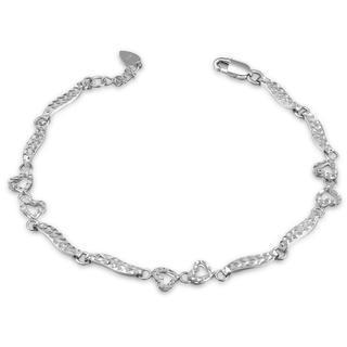 14k Italian White Gold Diamond-cut Heart And Wave Segment Bracelet (6.5), Women Jewelry In Gift Box