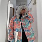 Furry Trim Hooded Camo Jacket