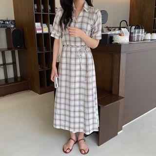 Wrap-front Plaid Linen Maxi Shirtdress