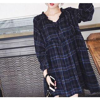 Long Sleeve Loose-fit Gingham Sheath Dress
