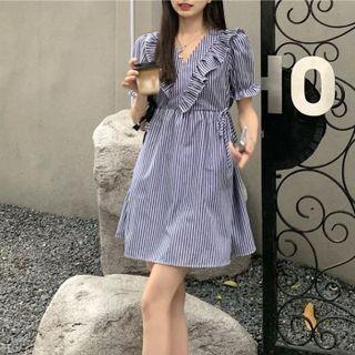 Puff-sleeve Ruffle Trim Striped Dress Blue - One Size