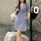 Puff-sleeve Ruffle Trim Striped Dress Blue - One Size