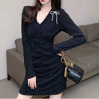 Long-sleeve Bow Ruched Mini Sheath Dress
