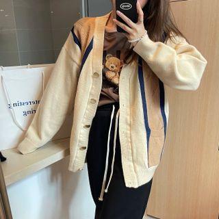 Long-sleeve Color-block Single-breasted Cardigan Beige & Khaki - One Size