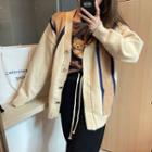 Long-sleeve Color-block Single-breasted Cardigan Beige & Khaki - One Size