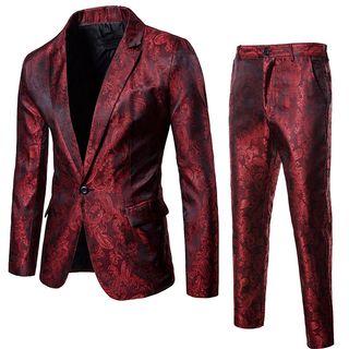 Suit Set: Single Button Print Blazer + Dress Pants