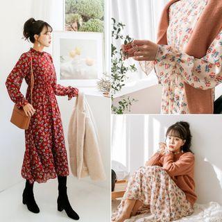 Frill-neck Floral Long Chiffon Dress