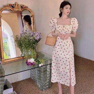 Floral A-line Split Dress Almond - One Size