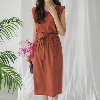 Set: Linen Blend Tank Top + Tie-waist Midi Skirt