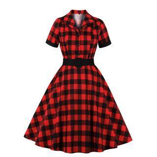 Short-sleeve Check A-line Shirtdress
