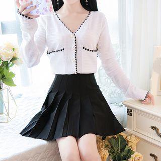 Long-sleeve Contrast Trim Knit Top / Pleated A-line Mini Skirt / Set