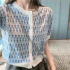 Short-sleeve Floral Print Button-up Knit Top Floral - Blue - One Size