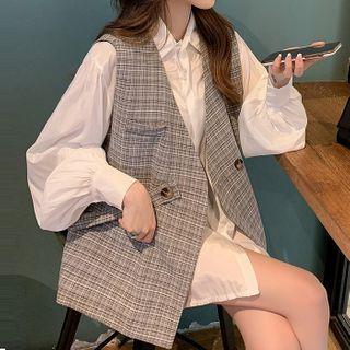 Lantern-sleeve Blouse / Plaid Vest