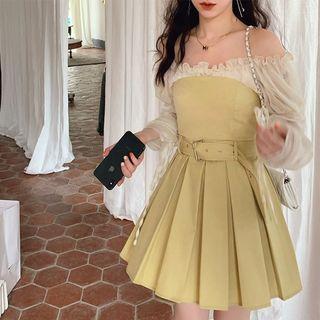 Strapless A-line Pleated Dress With Belt