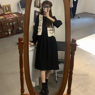Long-sleeve A-line Midi Dress / Crocheted Knit Vest