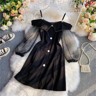 Cold-shoulder Mesh Sleeve Mini Dress