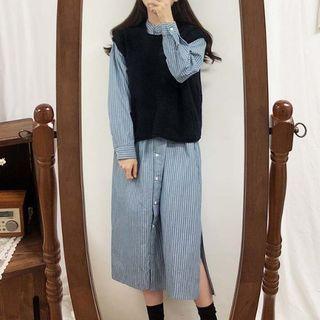 Set: Knit Vest + Loose-fit Plain Dress