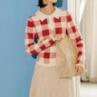 Plaid Placket Knit Top Brick Red - One Size