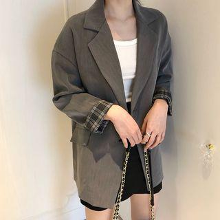 Double-breast Plaid-panel Blazer / Tiered Midi Skirt