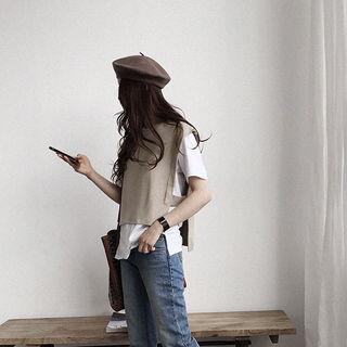 Cap-sleeve Dip-back Wool Blend Knit Top